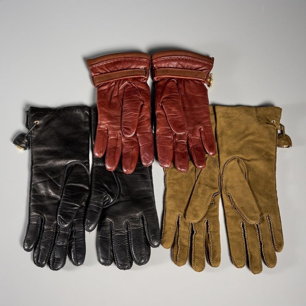 Barry Kieselstein Black Brown Green Leather Gloves w Knitted Wool Lining 3 Pair